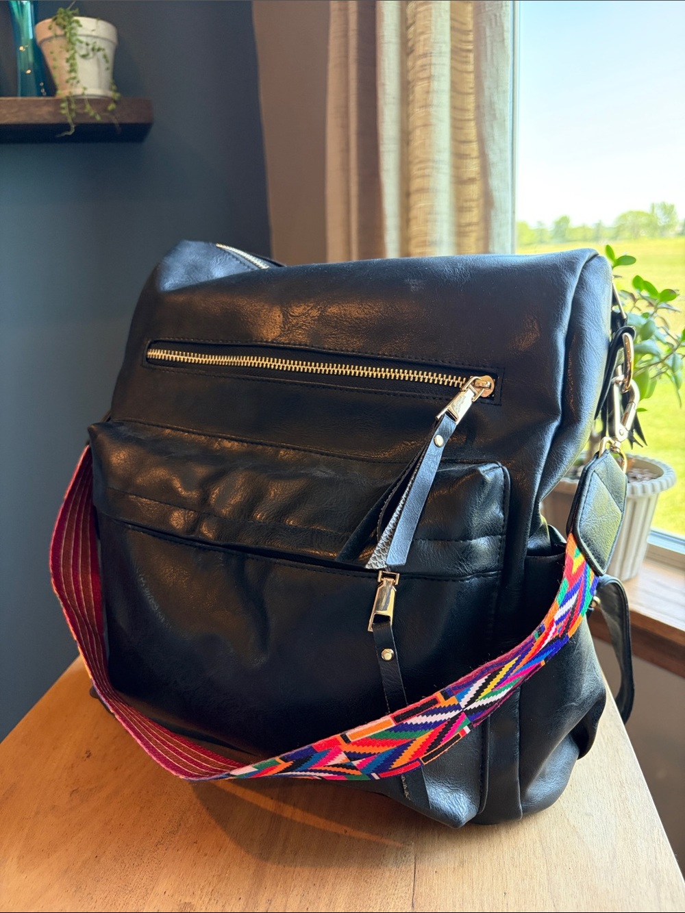 Black Women’s Crossbody/Backpack Bag with Colorful Strap
